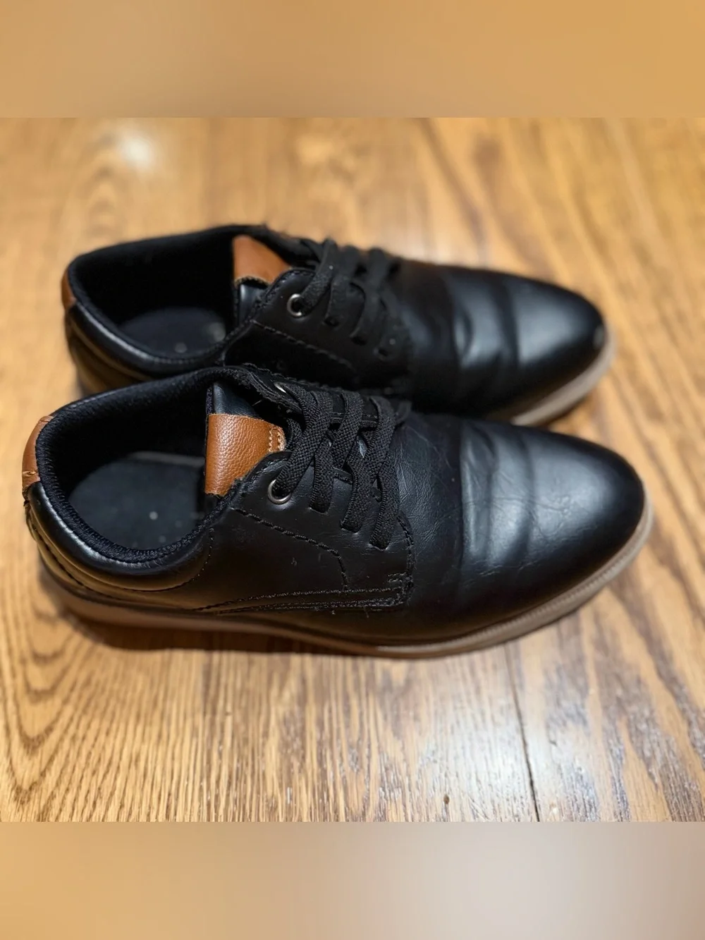 Boys Black Leather Laced Slip On Dress Shoes with Tan Accent size 1M